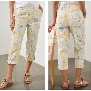 Chicos Yellow Floral Capri Pants Lemon Themed Size 2.5 Or Size 14 Whimsical